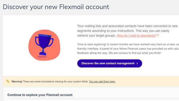 Logiciel de marketing par e-mail de Flexmail - Découvrez votre nouveau compte Flexmail