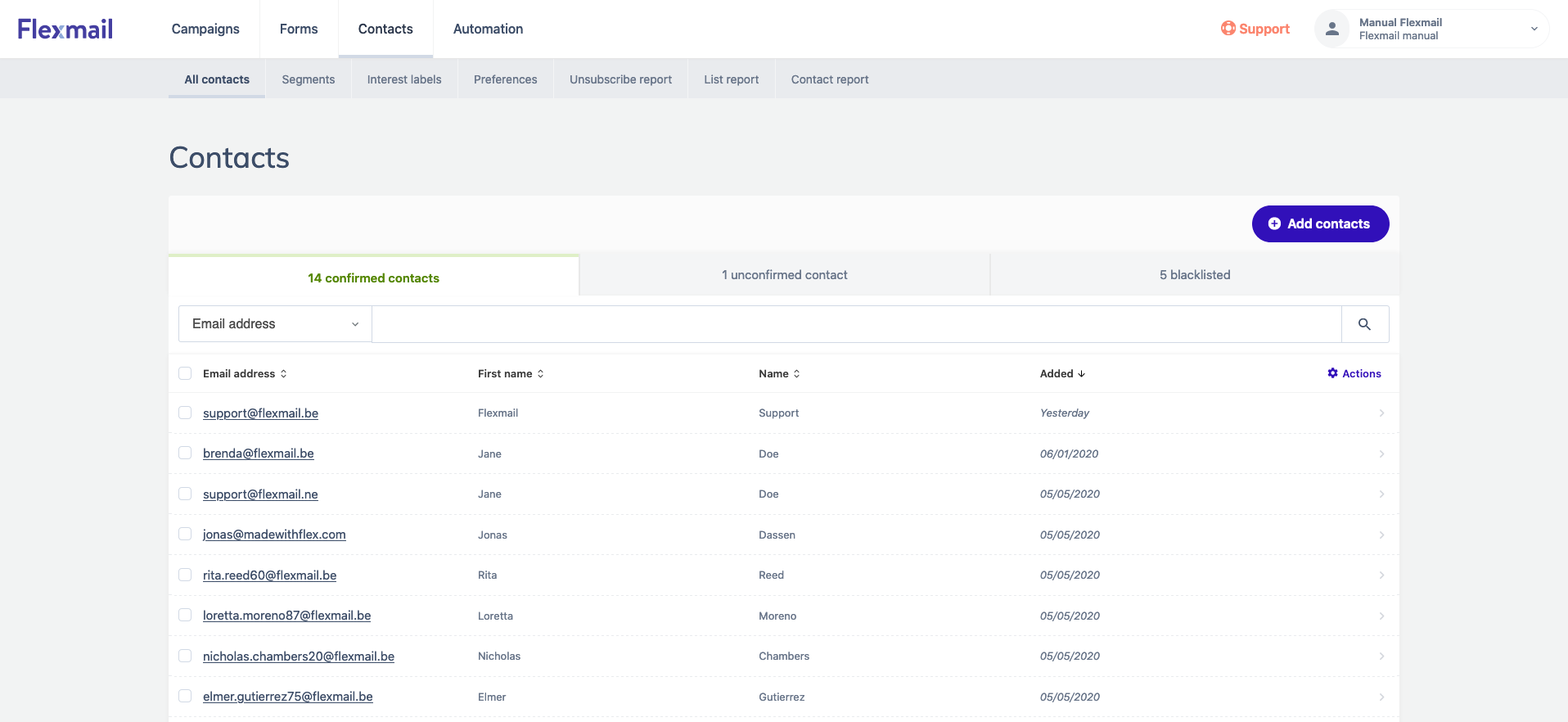 Flexmail's email marketing software - a single database divided into confirmed, unconfirmed and blacklisted contacts